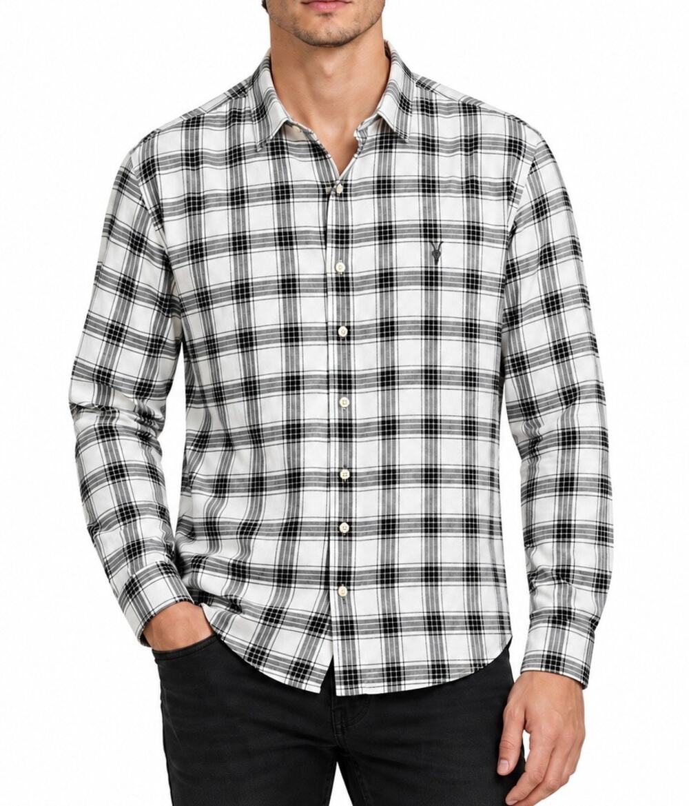 AllSaints Men’s Black White Plaid Ramskull Cotton Button Up Shirt Large